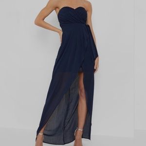 Boohoo occasion navy pleated high low dress